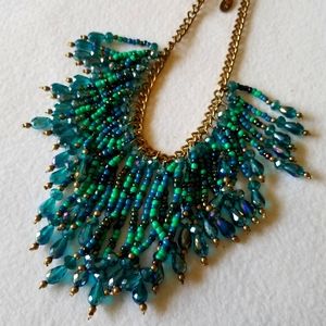 Stunning Blue Crystal and Glass Bead Statement, Bib Necklace, Gold Tone Chain